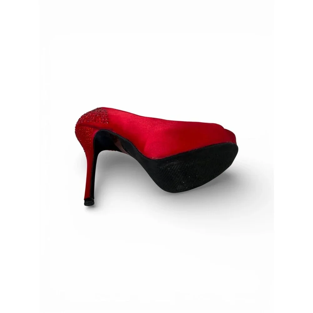Diva Lounge Red Satin Rhinestone Heel Peep Toe Platform Stiletto Pumps Par